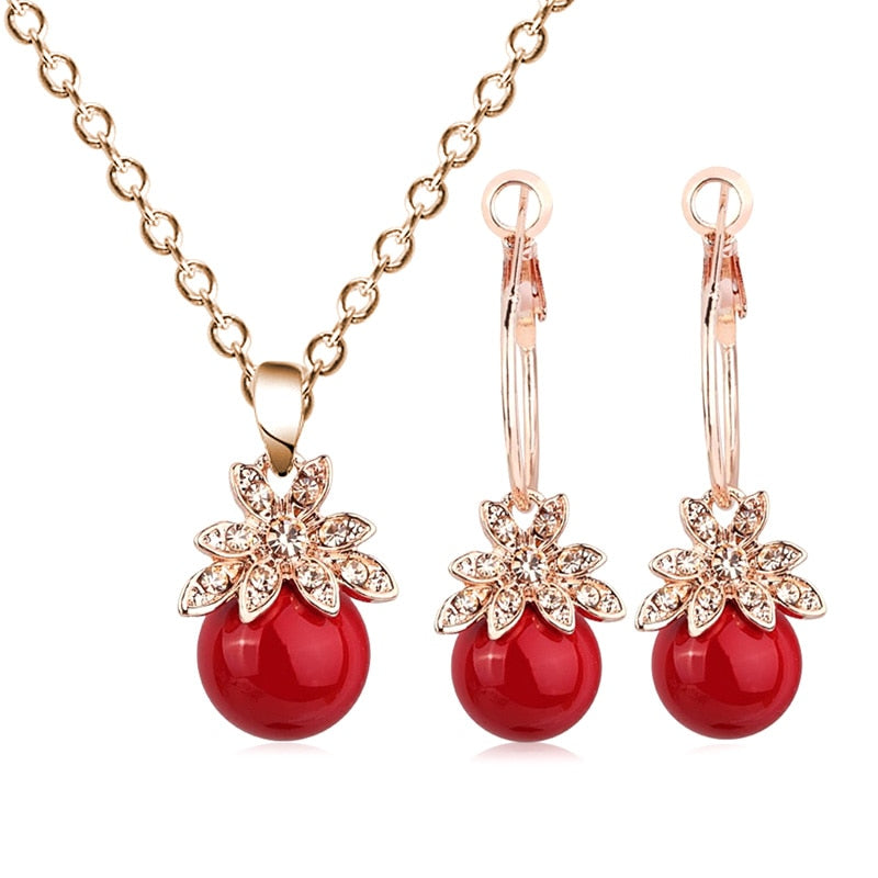 Fashion bride elegant Red pearl crystal sun necklace big Ear ring earrings fine Jewelry Set for 2018 romantic wedding Bijoux