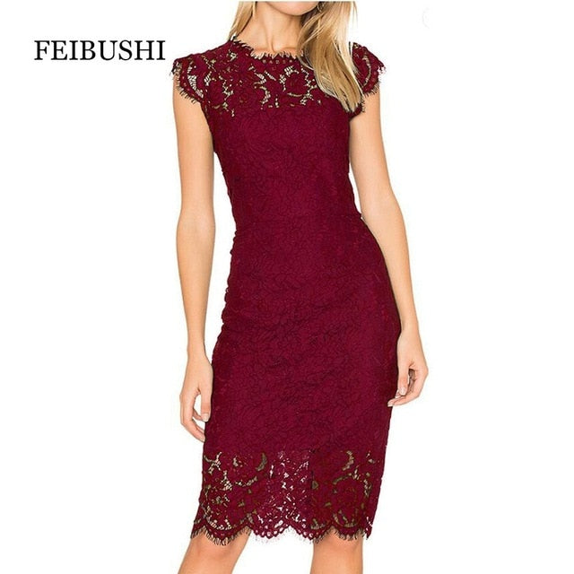 FEIBUSHI Elegant Wedding Party Lace dresses women Black Retro Tunic Slim Work Business Casual Party Bodycon Pencil Dress