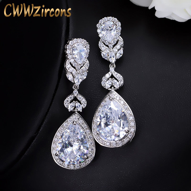 CWWZircons Elegant Water Drop Shaped Cubic Zirconia Crystal Bridal Long Earrings Luxury Wedding Jewelry For Brides CZ166