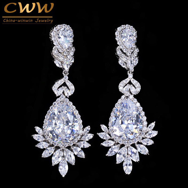 CWWZircons Elegent Evening Dinner Party  Wedding Jewelry Luxury Long CZ Crystal Big Drop Dangle Earrings For Brides CZ055