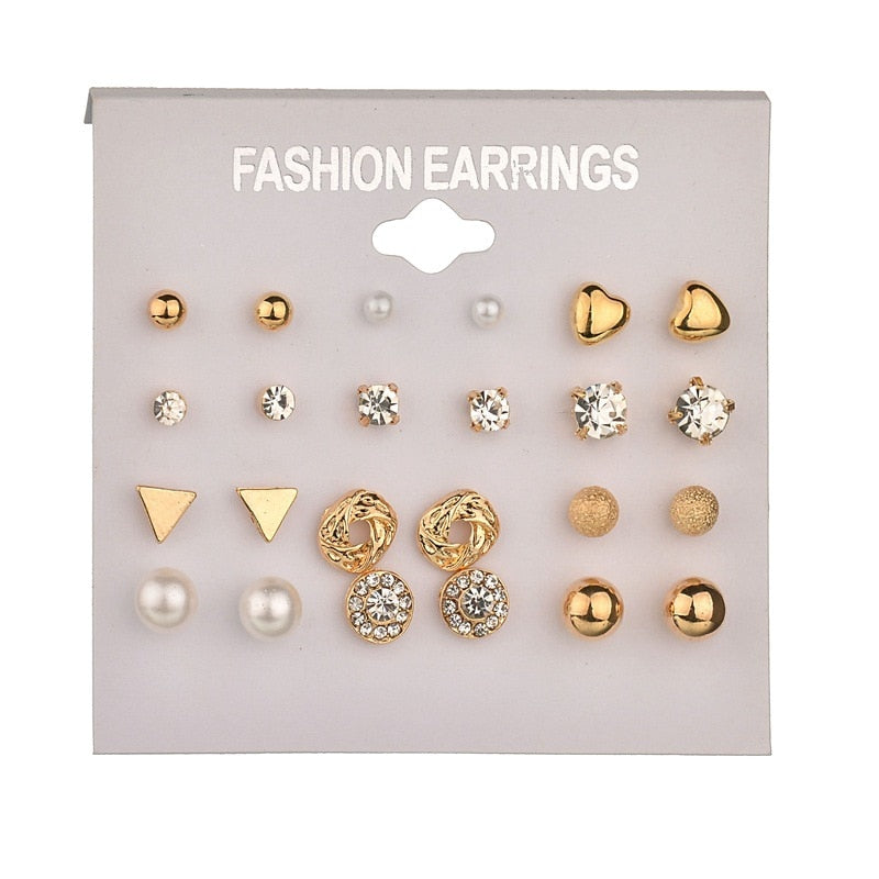 Punk Fashion Stud Earrings Set For Women Elegant Mixed Crystal Heart Metal Ball Earrings Wedding Bride Jewelry Earrings Set M