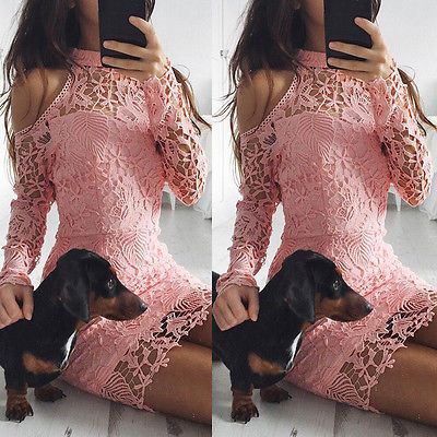 Womens Elegant Wedding Party Sexy Night Club 2017 O-Neck Sleeve Pink Halter Sheath Bodycon Lace Dress Short  Vestido de festa