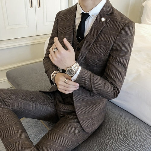 Classic Men's Plaid Striped Suit Jackets Fashion Business Wedding Banquet Groom Dress Jacket Size S-2XL Slim Elegant Male Coat