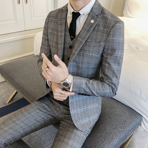 Classic Men's Plaid Striped Suit Jackets Fashion Business Wedding Banquet Groom Dress Jacket Size S-2XL Slim Elegant Male Coat