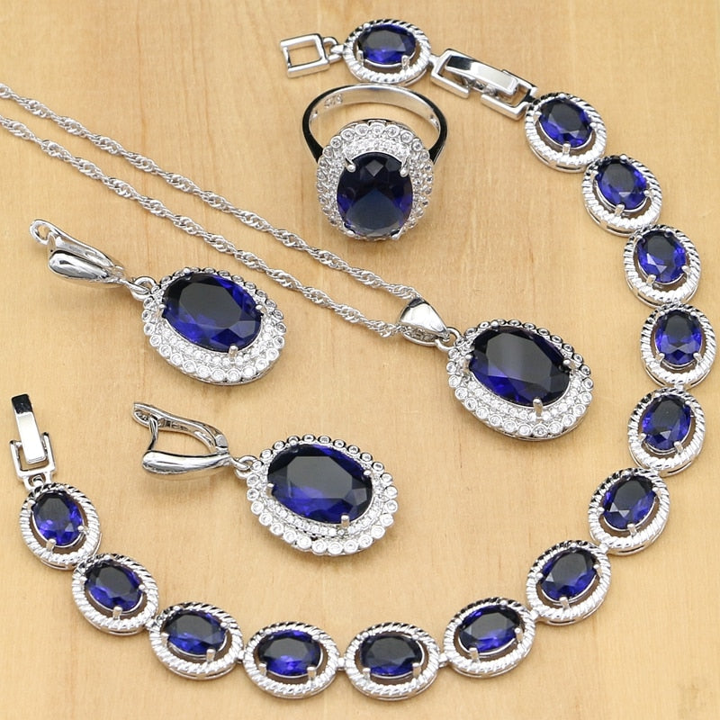 Silver 925 Jewelry Blue Set Natural Zircon White Crystal Costume For Women Stones Earrings/Pendant/Rings/Bracelet/Necklace Set