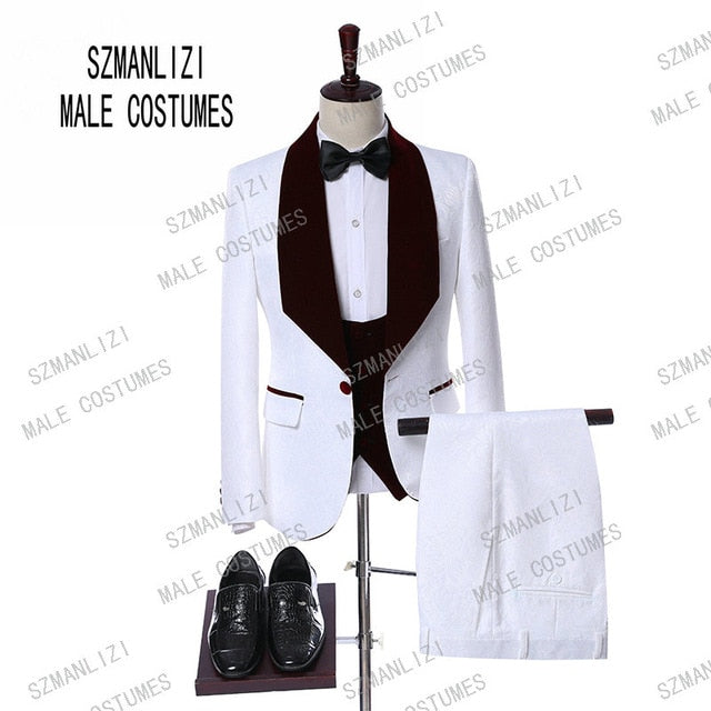 New Design 2018 Elegant Brand Slim Fit Smoking Suit Men Costume 3 Pieces Homme White Prom Tuxedo Groom Suits For Men Wedding