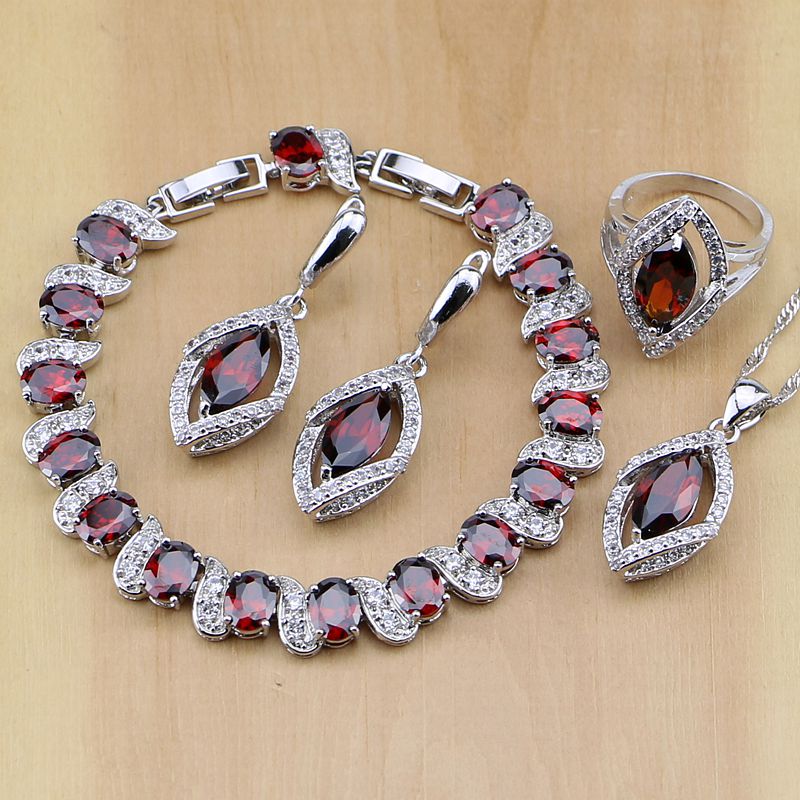 Red Zircon White Cubic Zirconia 925 Sterling Silver Jewelry Sets For Women Wedding Earrings/Pendant/Necklace/Rings/Bracelet