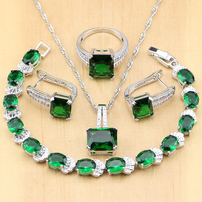 New 925 Silver Jewelry Green Zircon White CZ Jewelry Sets Women Earrings/Pendant/Necklace/Ring/Bracelet