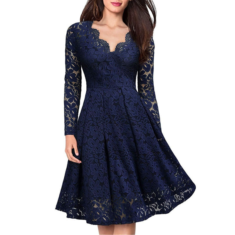 Women Elegant vintage Sexy V Neck Floral Lace evening long sleeve Slim Tunic Work office Casual Party Swing Skater A-Line Dress