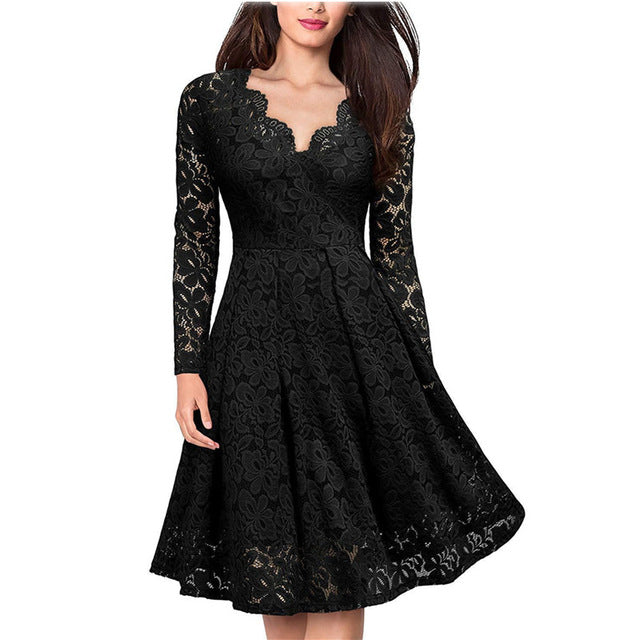 Women Elegant vintage Sexy V Neck Floral Lace evening long sleeve Slim Tunic Work office Casual Party Swing Skater A-Line Dress