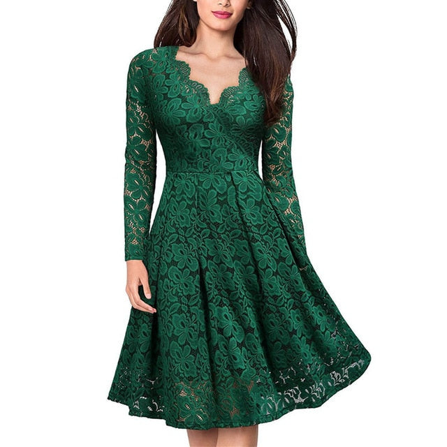 Women Elegant vintage Sexy V Neck Floral Lace evening long sleeve Slim Tunic Work office Casual Party Swing Skater A-Line Dress