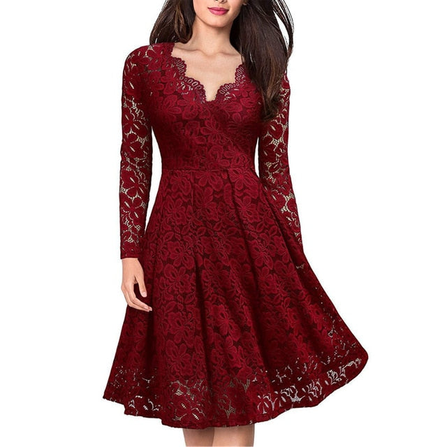 Women Elegant vintage Sexy V Neck Floral Lace evening long sleeve Slim Tunic Work office Casual Party Swing Skater A-Line Dress