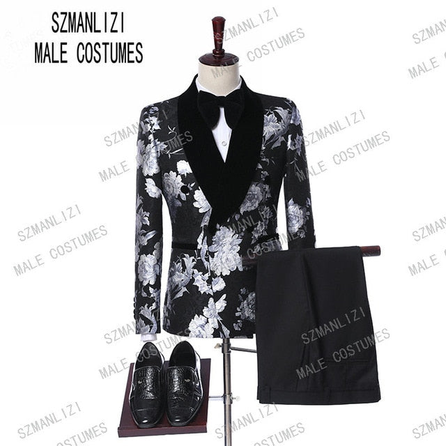 2019 Elegant Black Velvet Gold Flower Double Breasted Groom Tuxedo For Men Wedding/Prom Suits Mens Suits With Pants Bridegroom