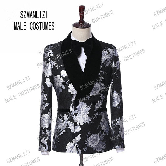2019 Elegant Black Velvet Gold Flower Double Breasted Groom Tuxedo For Men Wedding/Prom Suits Mens Suits With Pants Bridegroom