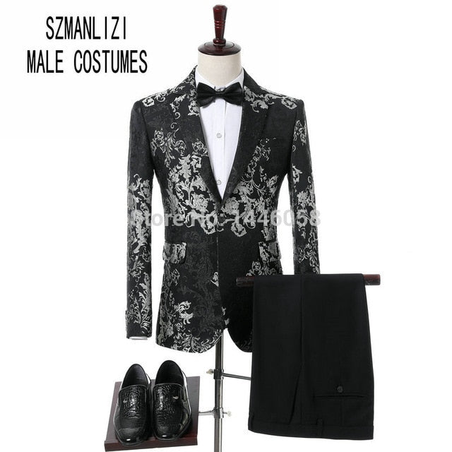 2019 Elegant Black Velvet Gold Flower Double Breasted Groom Tuxedo For Men Wedding/Prom Suits Mens Suits With Pants Bridegroom