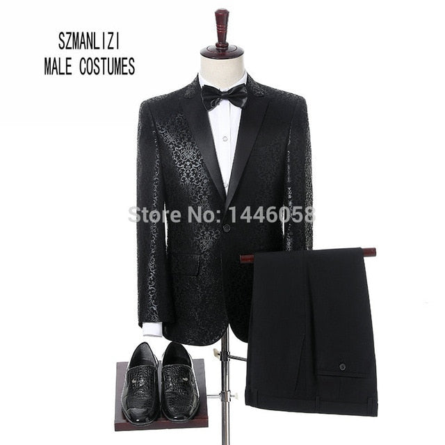 2019 Elegant Black Velvet Gold Flower Double Breasted Groom Tuxedo For Men Wedding/Prom Suits Mens Suits With Pants Bridegroom
