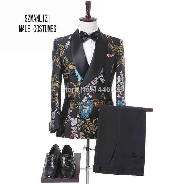 2019 Elegant Black Velvet Gold Flower Double Breasted Groom Tuxedo For Men Wedding/Prom Suits Mens Suits With Pants Bridegroom