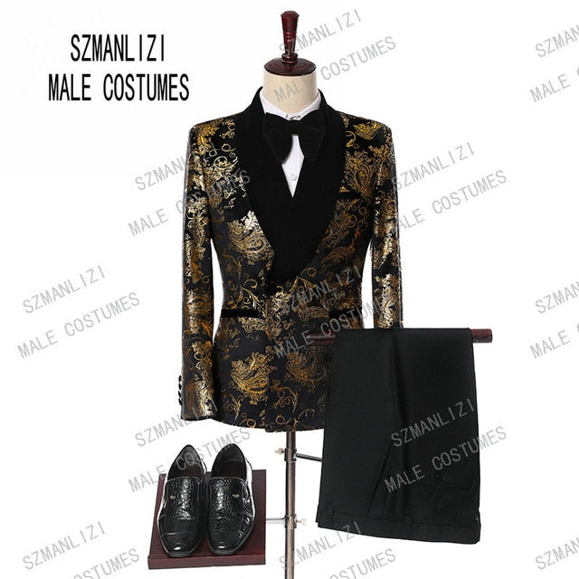 2019 Elegant Black Velvet Gold Flower Double Breasted Groom Tuxedo For Men Wedding/Prom Suits Mens Suits With Pants Bridegroom