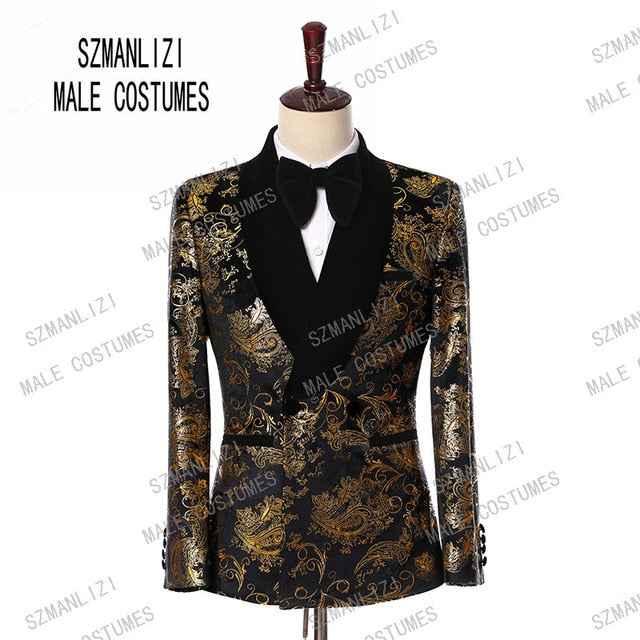 2019 Elegant Black Velvet Gold Flower Double Breasted Groom Tuxedo For Men Wedding/Prom Suits Mens Suits With Pants Bridegroom