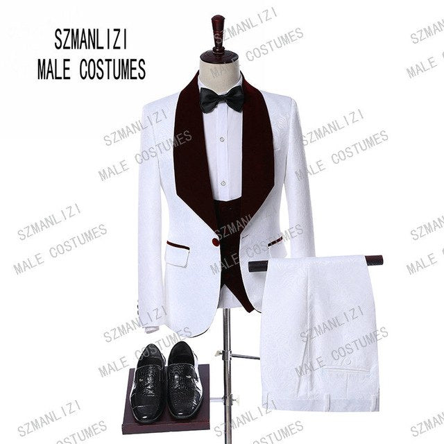 Men Wedding Suits 2019 Elegant Real 3 Pieces Slim Fit Groomsmen Velvet Lapel White Paisley Groom Party Suits Mens Wedding Tuxedo