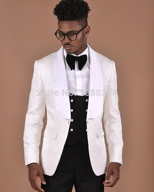 Men Wedding Suits 2019 Elegant Real 3 Pieces Slim Fit Groomsmen Velvet Lapel White Paisley Groom Party Suits Mens Wedding Tuxedo