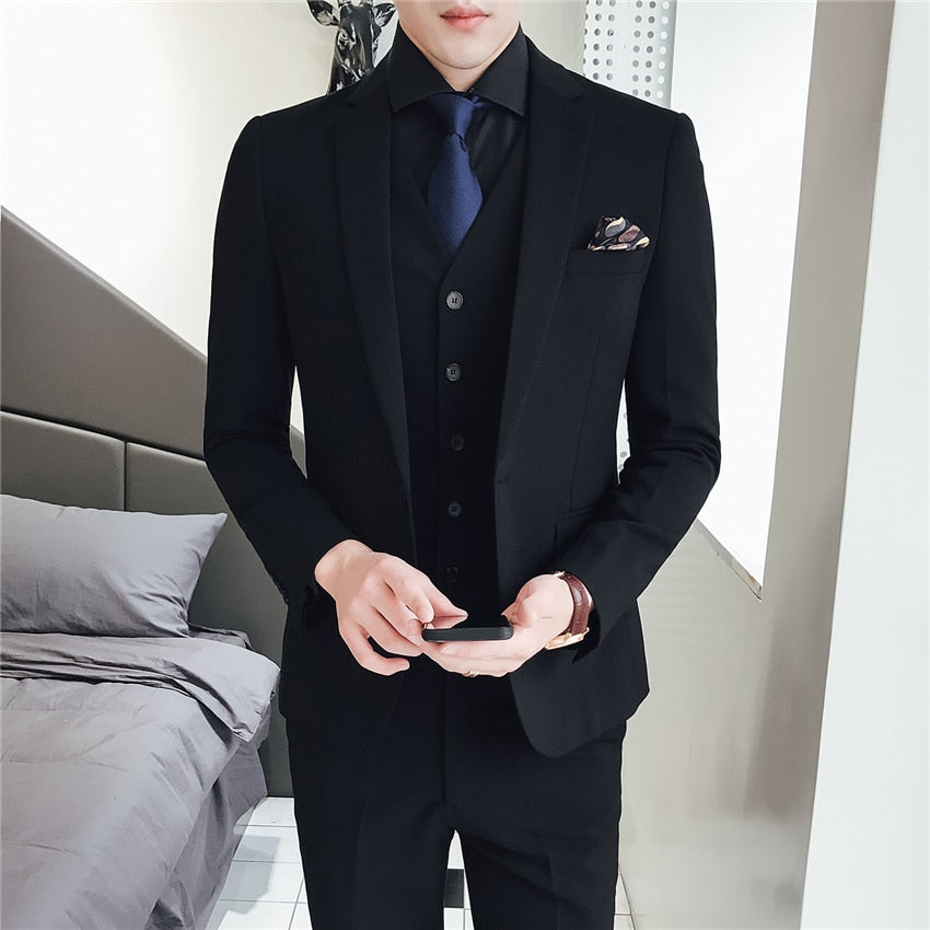 Pure Color Mens Formal Wear Black Suits Slim Elegant Men Wedding Groom Dress set Size 48-56 Male Suit Jacket + Vest + Pants