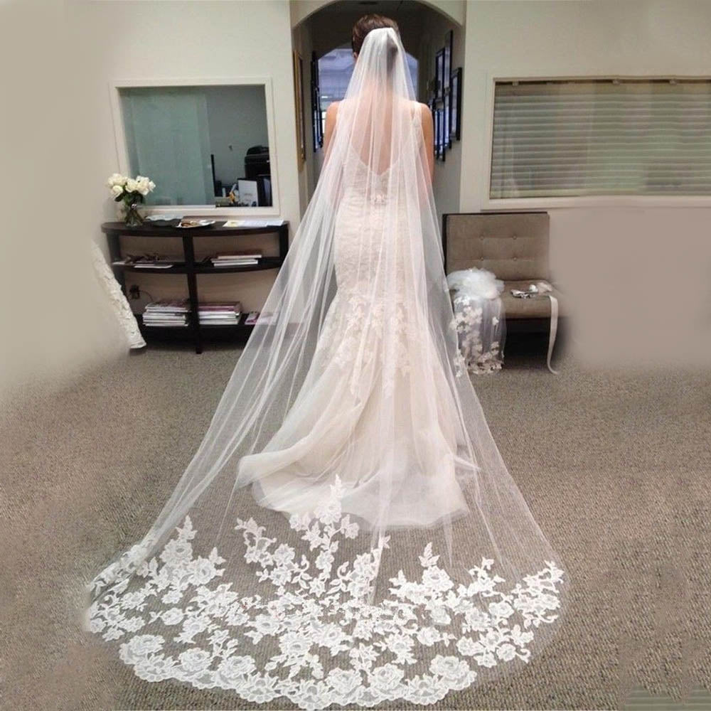 Fashion One Layer 3m Long Bridal Veil Elegant Lace White/Ivory Appliques For Wedding Party Bridal Veil
