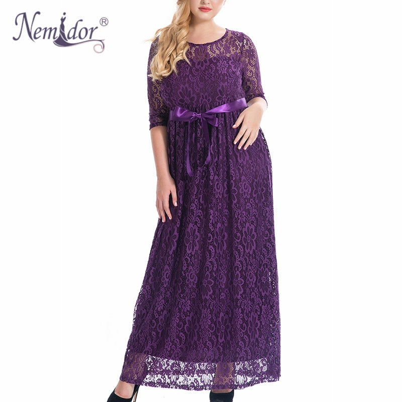 Nemidor High Quality Women Elegant O-neck Party Full Lace Dress Plus Size 7XL 8XL 9XL 3/4 Sleeve Vintage Wedding Long Maxi Dress