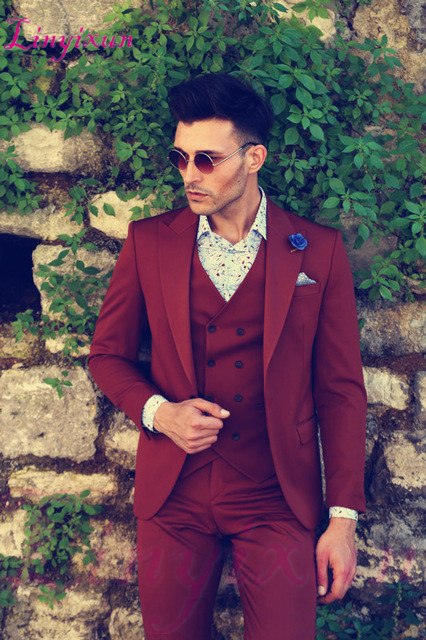 Linyixun Elegant Men's 3 piece Business Suit Set Wedding Suit Groom Wears Peak Lapel Tuxedo (Jacket+Trousers+Vest) 2019 New